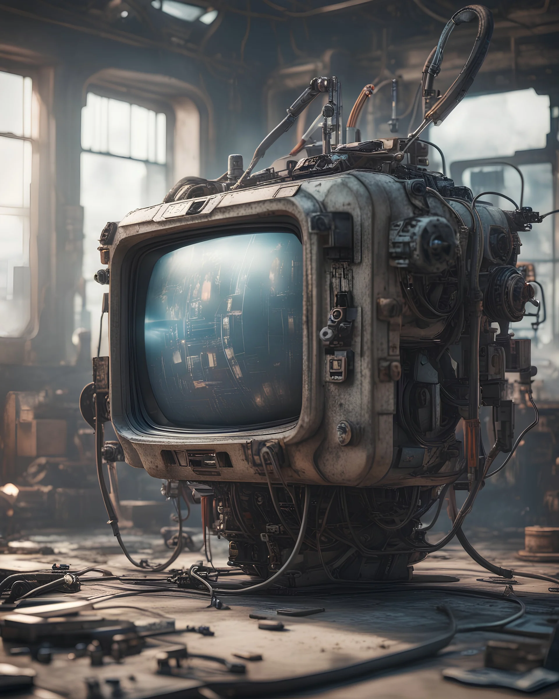 Futuristic gadget tv made with engine parts and wires dysoptia cyberage HAWKEN postapocalyptic dysoptia scene photorealistic uhd 8k VRAY highly detailed HDR