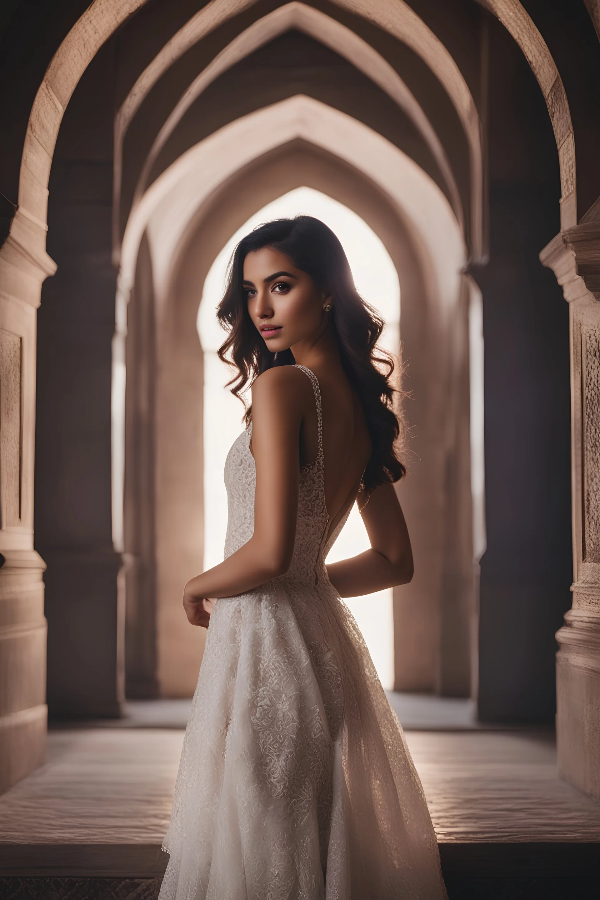 Generate a stunning and ethereal portrait of a 22-year-old petite ultra-realistic Arab female model wearing a lace dress in a micro portrait style. The portrait should be captured using Rembrandt lighting, with a single light source creating strong shadows. Use a Fujifilm - GFX100 II Mirrorless Camera in a studio to bring out the elegance photography, ultra details, natural light, light background, photo