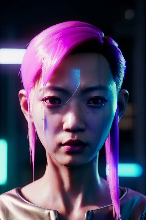 Cyberpunk portrait, Asian woman:: symmetry photography, cyberpunk, pink hair, face make-up, long line eye, light iris eye, :: kenzo fashion style, latex coat :: cinematic, Ultra realistic, dark scene, soft color, highly detailed, unreal engine 5, RTX, ultra detail, 3d, finely drawn, high definition.