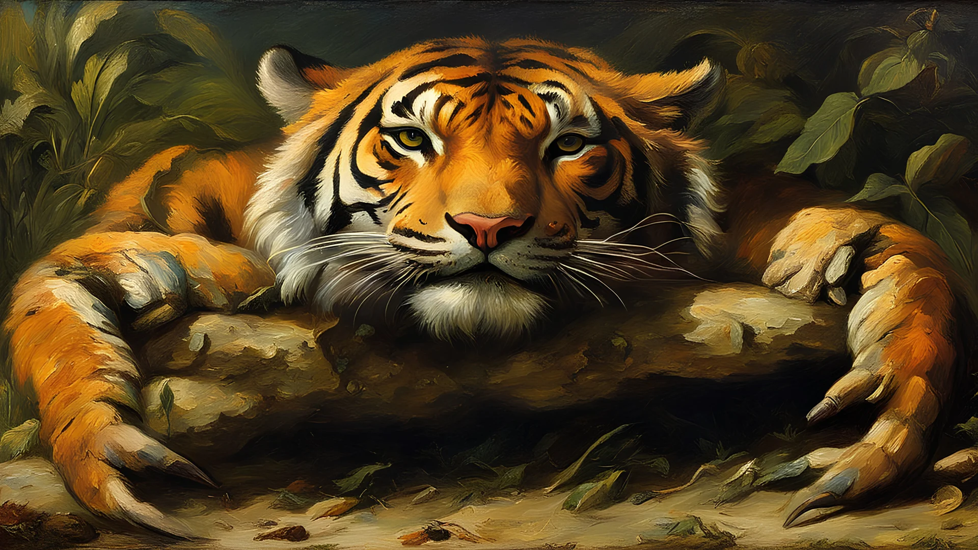 cursed tiger-crab ((hybrid)),(Oil painting) (by Jean-François Millet), (by Gustave Courbet), (by Jules Breton), close up