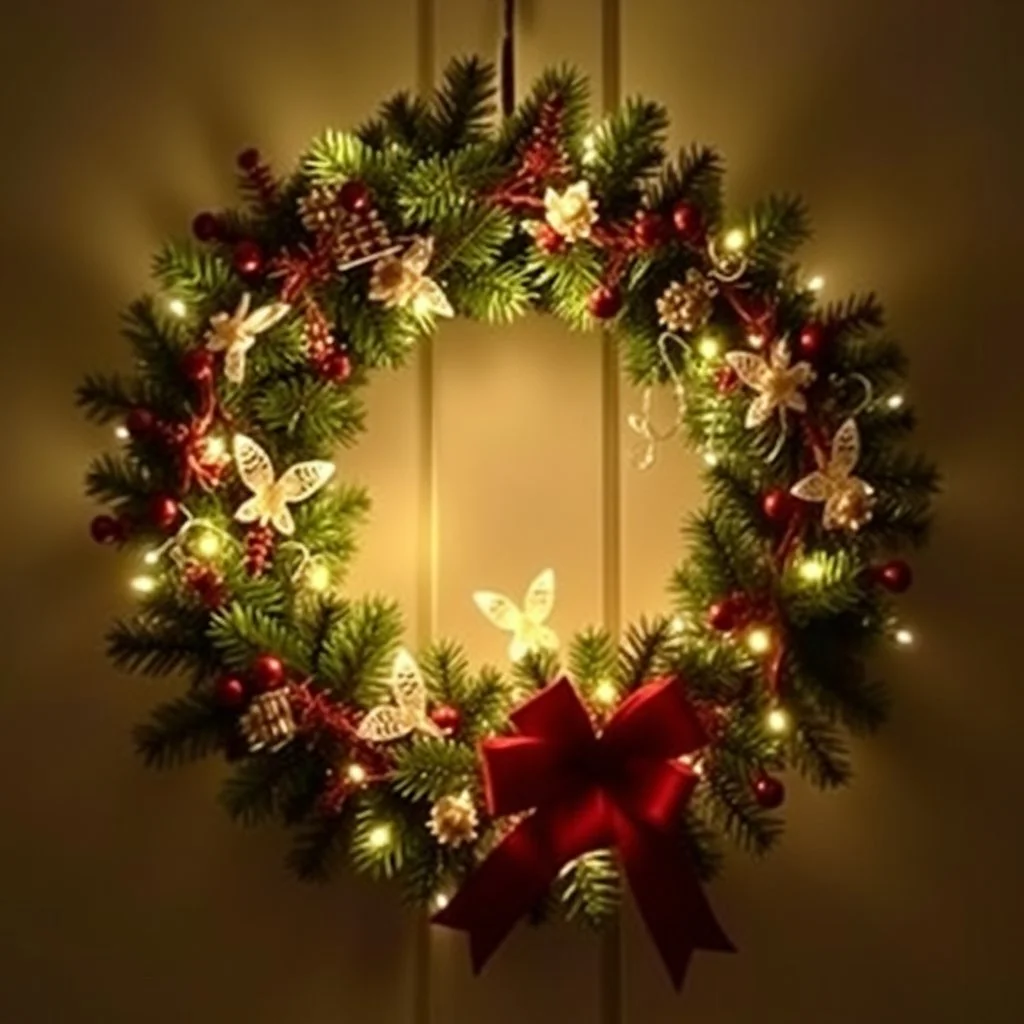 Beautiful Decorated Christmas Wreath with Fairy Lights On It.