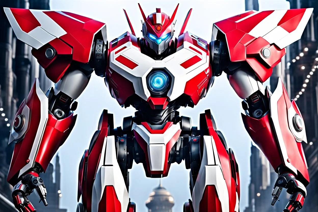 big robot with red and white color schemes, in the style of fairy academia, hard-edge style, agfa vista, dynamic pose, oshare kei, hurufiyya, rtx, close picture, intricate details, highly detailed, high details, detailed portrait, masterpiece,ultra detailed, ultra quality