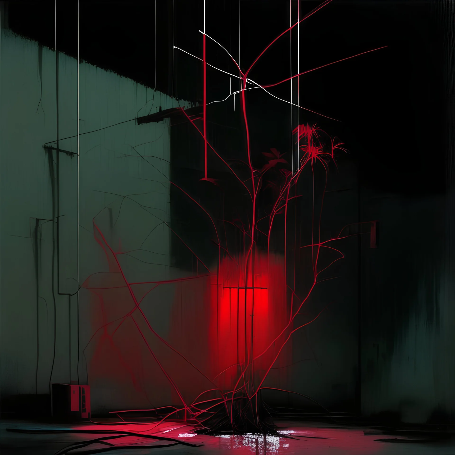 Minimal abstract oil painting of a neon plant in concrete warehouse brutalist architecture and hanging wires illuminated at night. With triadic red colours. In the style of Justin Mortimer and Phil Hale, Ashley Wood