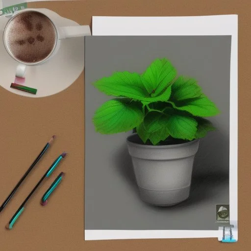 A High resolution photograph with soft lightning, of a a4 size drawing on a table next to two colored pencils. A green plant in a pot in the left top corner, a cup of coffee in the right top corner.