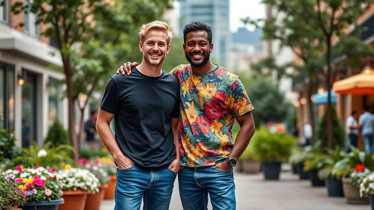 professional photo from happy couple men, one light brown and one black hair man in colorful city cloths t-shirt and jeans. city garden, summer, high realistic, detailed, canon photo, 64 megapixels, perfect composition