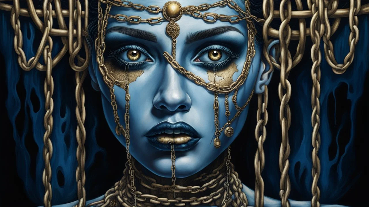 close up pale blue-white face with black shadow dark gold eyes, , void, hyper-realistic detail, floats in deep darkness, deep blue abyss, vertical shadows of five chains projected on her face, crepy stunning, surreal vibe with meticulous textures, dark shadow