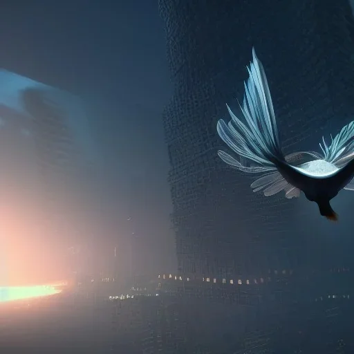 angel fish, cockatoo, alien flying through dystopia, dusk light, city background, unreal engine 5,elegant