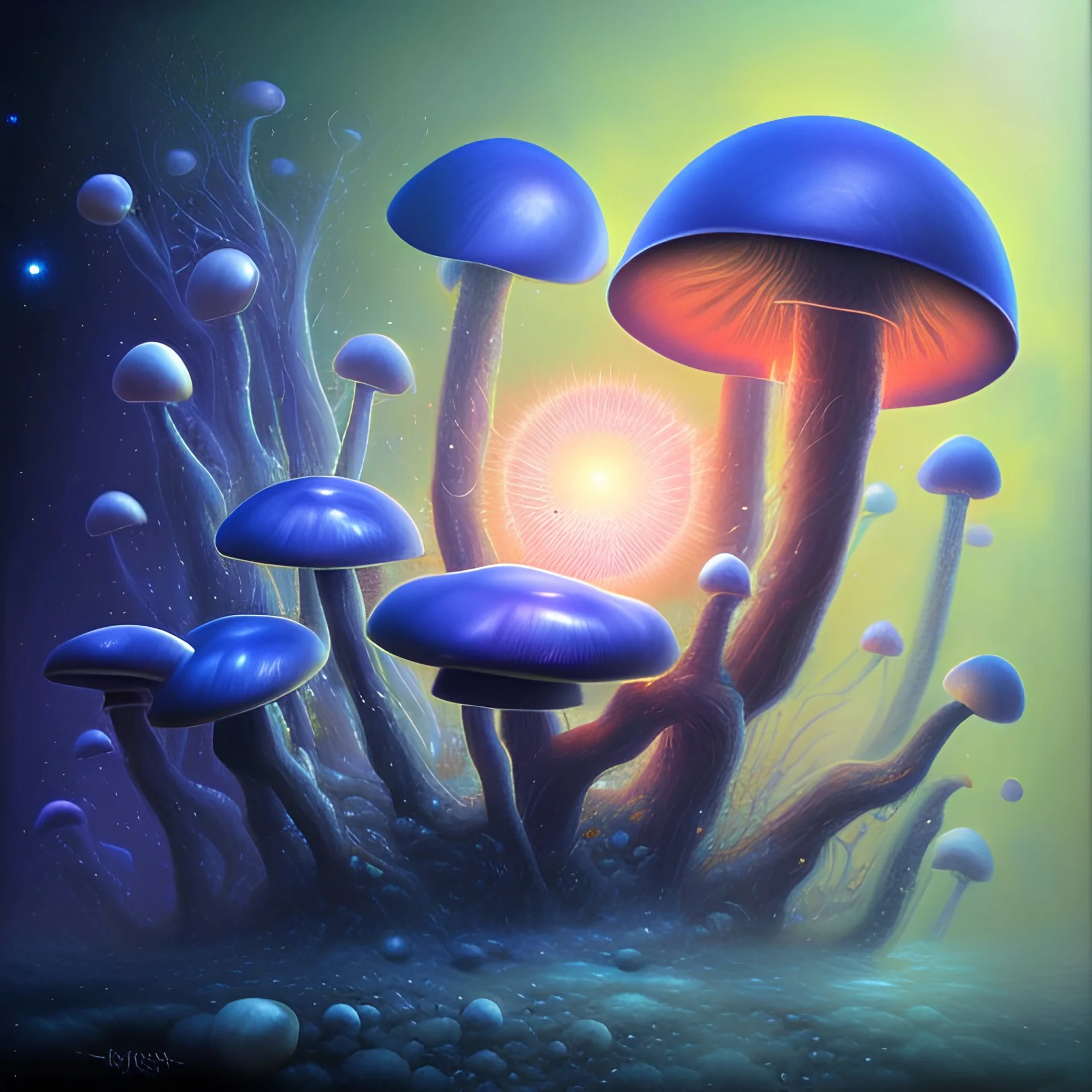 mushroom covered entity floating in a cosmic abyss, oil painting