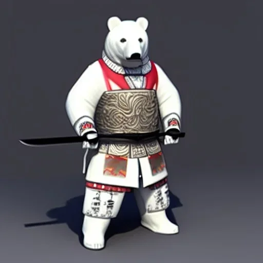 Un ours blanc, anthropomorphique, habillé comme un samurai, portant un katana très detaillé, réaliste, très détaillé, représentation 3d, un maximum de détail