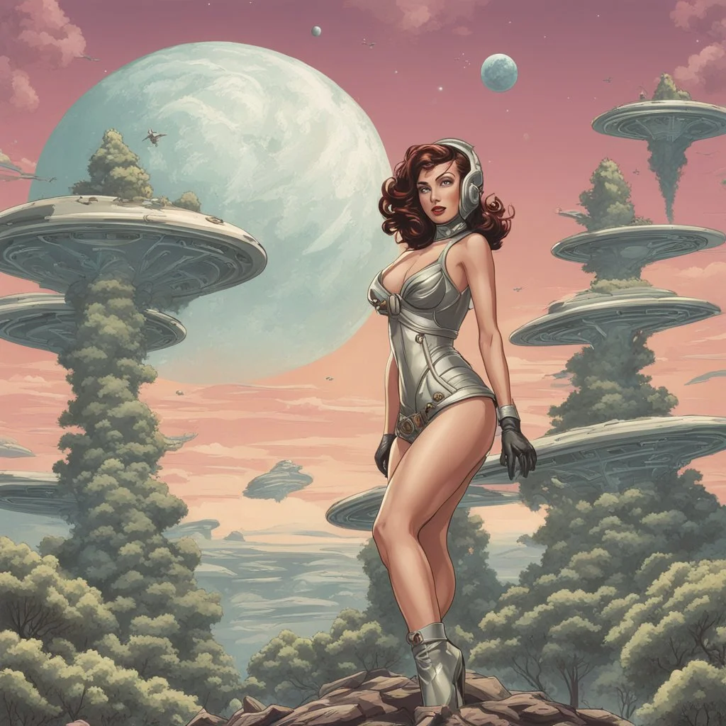 slim Sci-fi pin-up girl on an alien planet of cloud trees