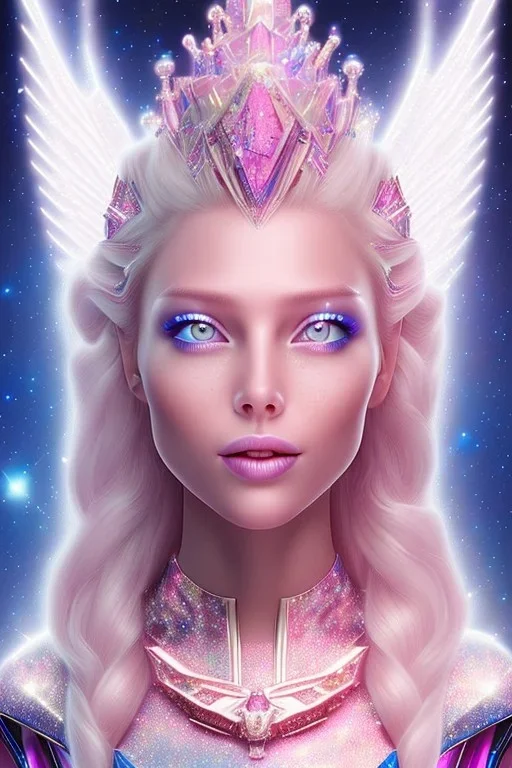 1 full body shot,masterpiece galactic pink metalic, cosmic princesse belle fine, profil de trois quart, grand front cosmique, peau blanc cristalline pailletée, yeux bleu, perle sur le front et rose etoilé, longs cheveux blonds, cristaux sur le corps, collier de grande princesse, levres souriantse, très jolie sourire, longs cheveux blonds, grandes ailes roses transparents, costume galactique bleu metallisé,