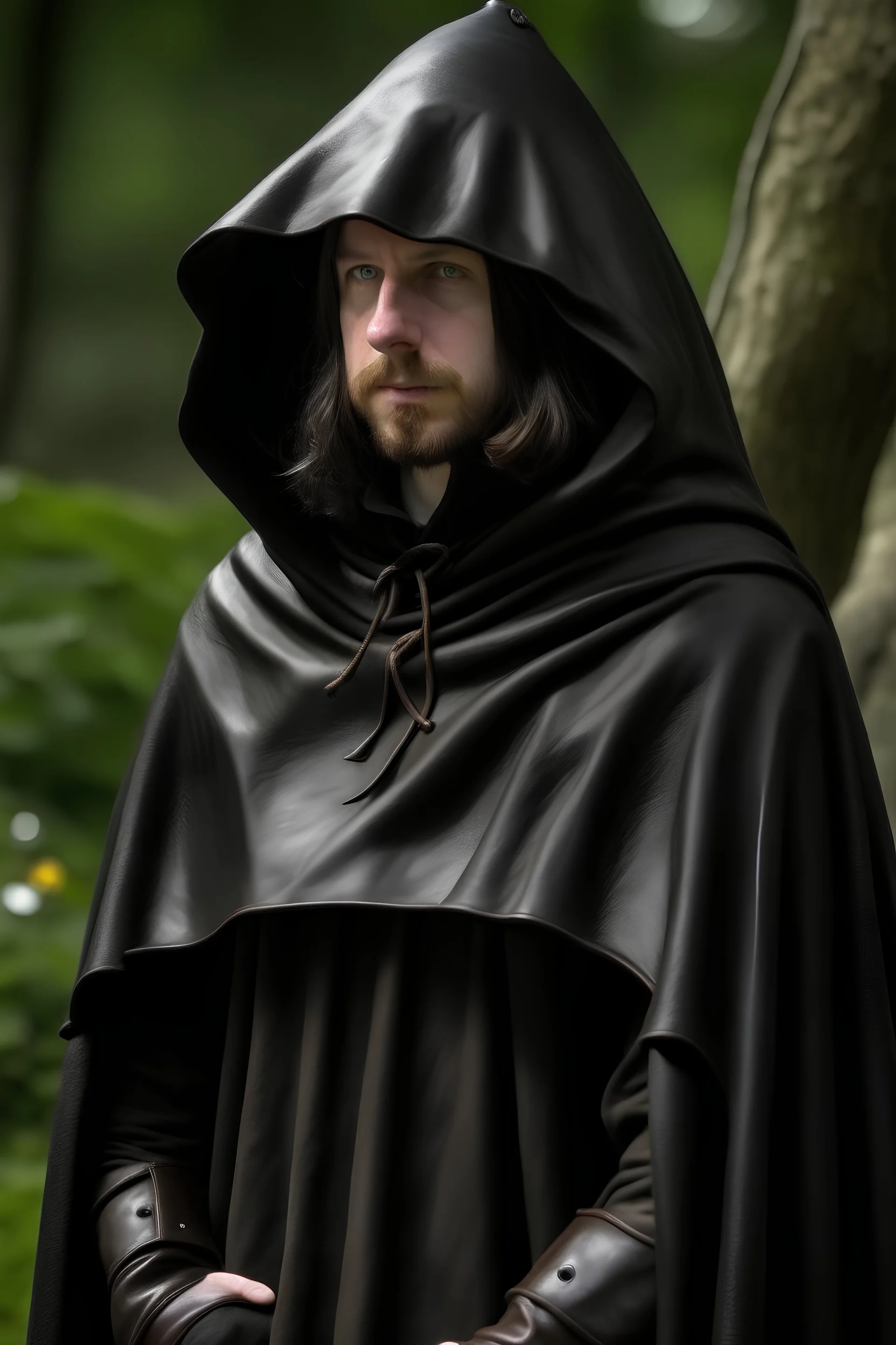 halfling rogue charlatan black leather hooded cloak