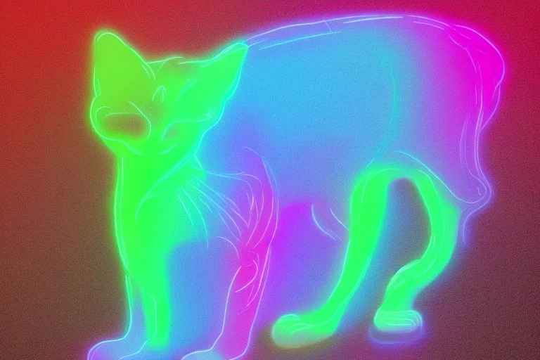 black background, outlines of a full-figure holographic cat, drawn from thin neon-coloured glowing lines