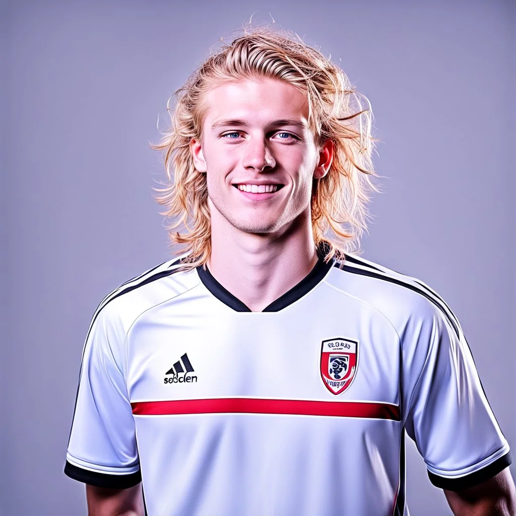 85mm DSLR color photography of a very detailed headshot fitting all of head and hair in frame. 22-year-old Germen soccer player, with blonde hair color and no facial hair and with a small smile, grey background