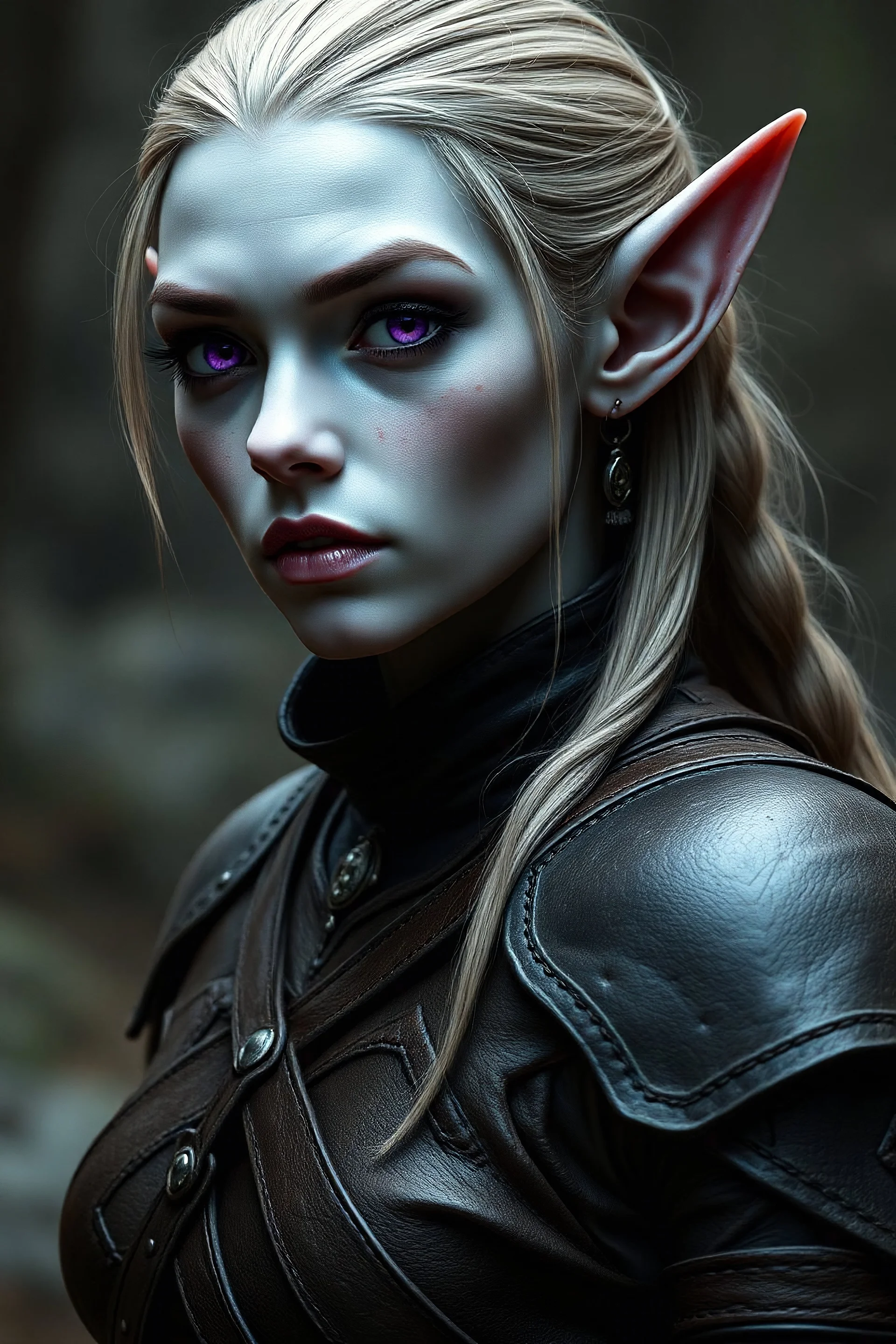beautiful female elf with grey skin dnd purple eyes no wrinkles dark leather armour
