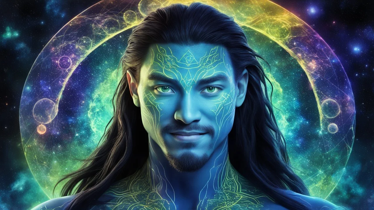 beautiful gorgeous young man na'vi with long hair, Avatar, blue skin, two small ears, green eyes, black hair, in cosmic suit, galactic ambiance, medium pointy goatee , smiling, nebulas and sacred geometry light figures on the backgroud,