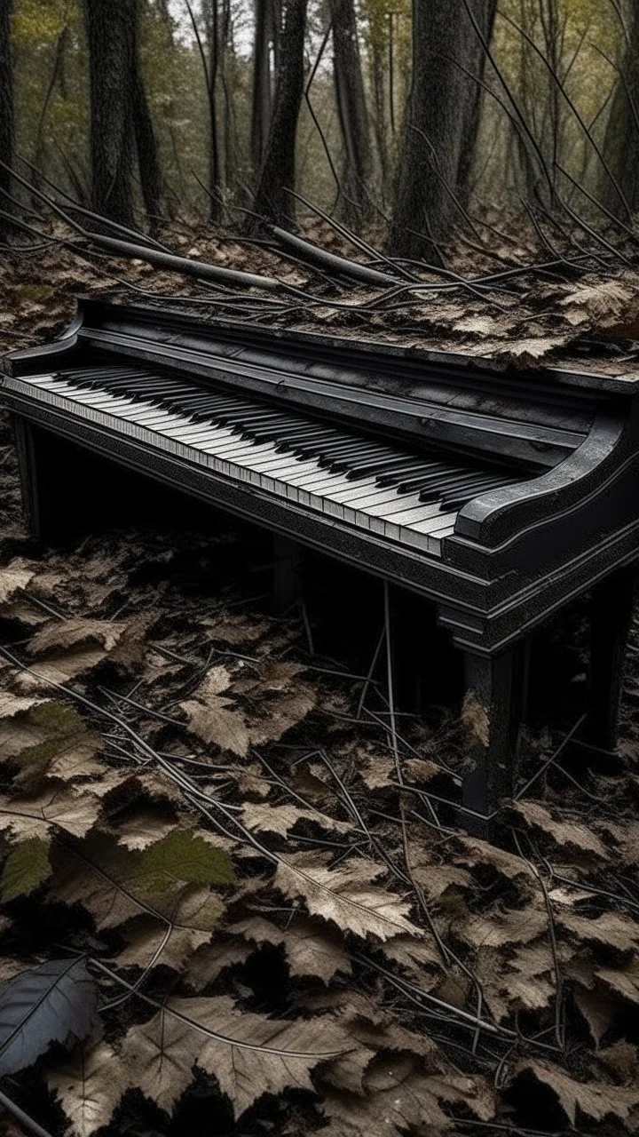 black vein, human veins, mixing together a lot of them, like a forest, big and small veins a lot of them, an old piano is on the floor covered leaves