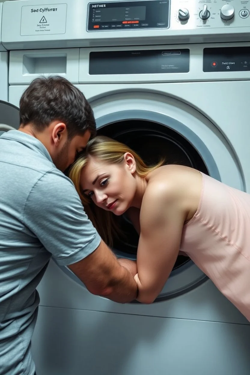 frau steckt kopf voran in waschmaschine fest und mann befreit sie