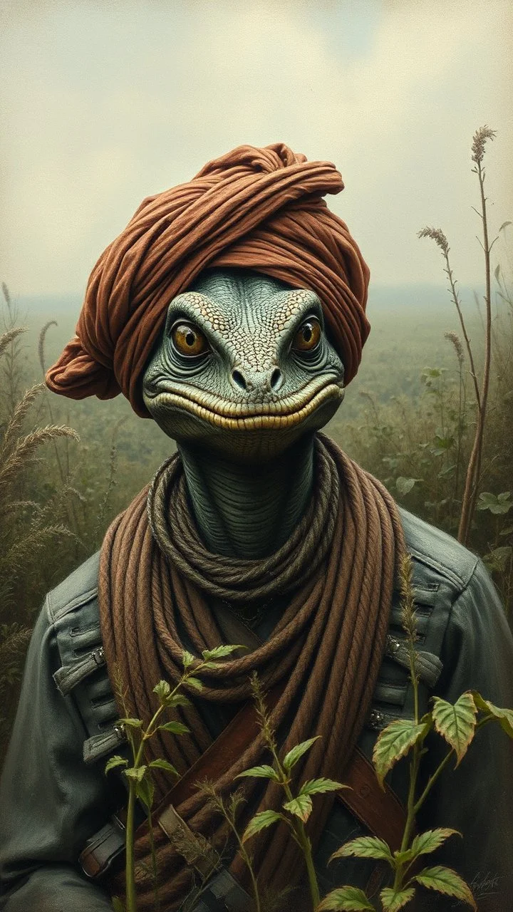 A man with a Lizard face wearing a Muslim Turban in a forgotten battlefield overrun by vegetation, cutesy tiktok detailed oil painting, grainy, old style