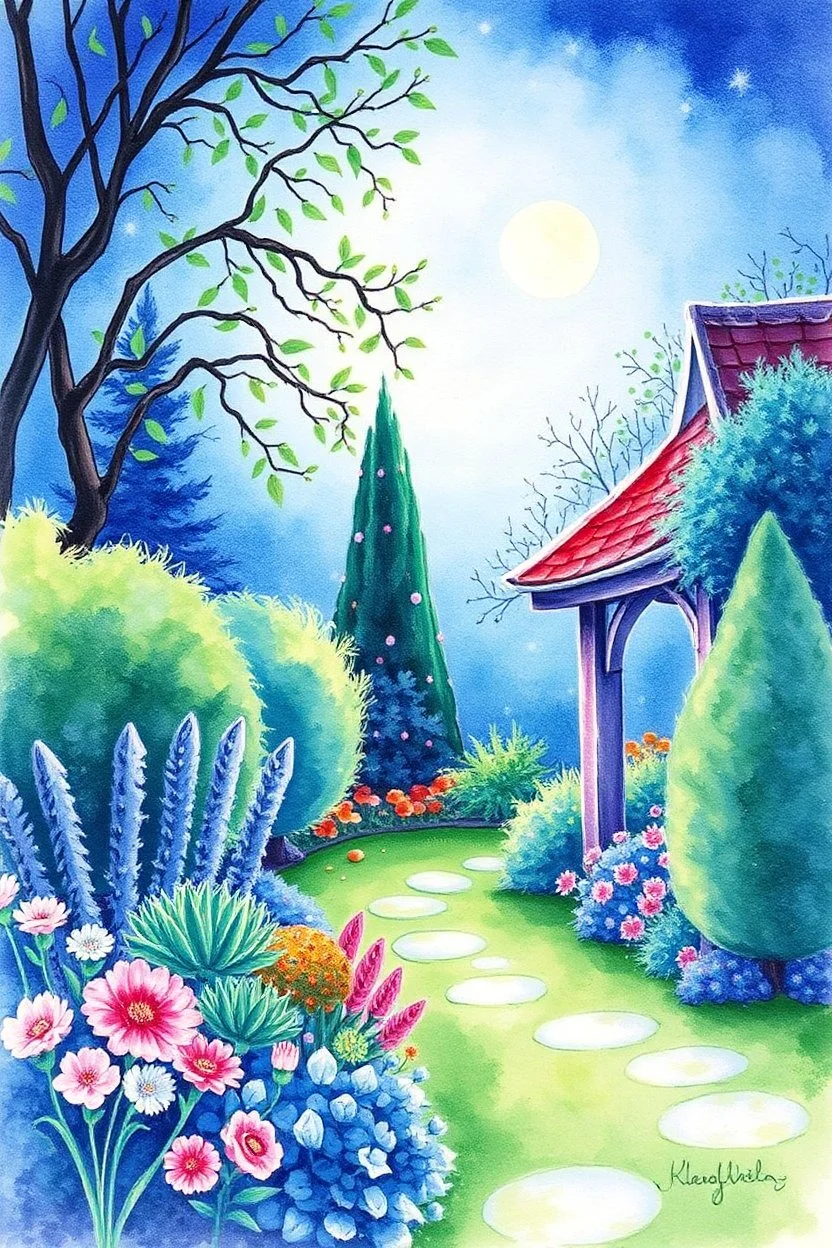 SKETCH WATERCOLOR PASTEL COLOURS - “The Moonlit Garden”