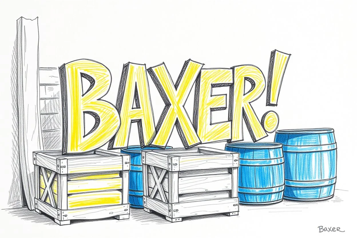 a drawing with sketch lead pencil, The word "BAXER" in yellow floating like a big sign, strong painting, strong expression, BAXER!, BAXER! the word Baxer, WOODEN CRATES AND BLUE BARRELS
