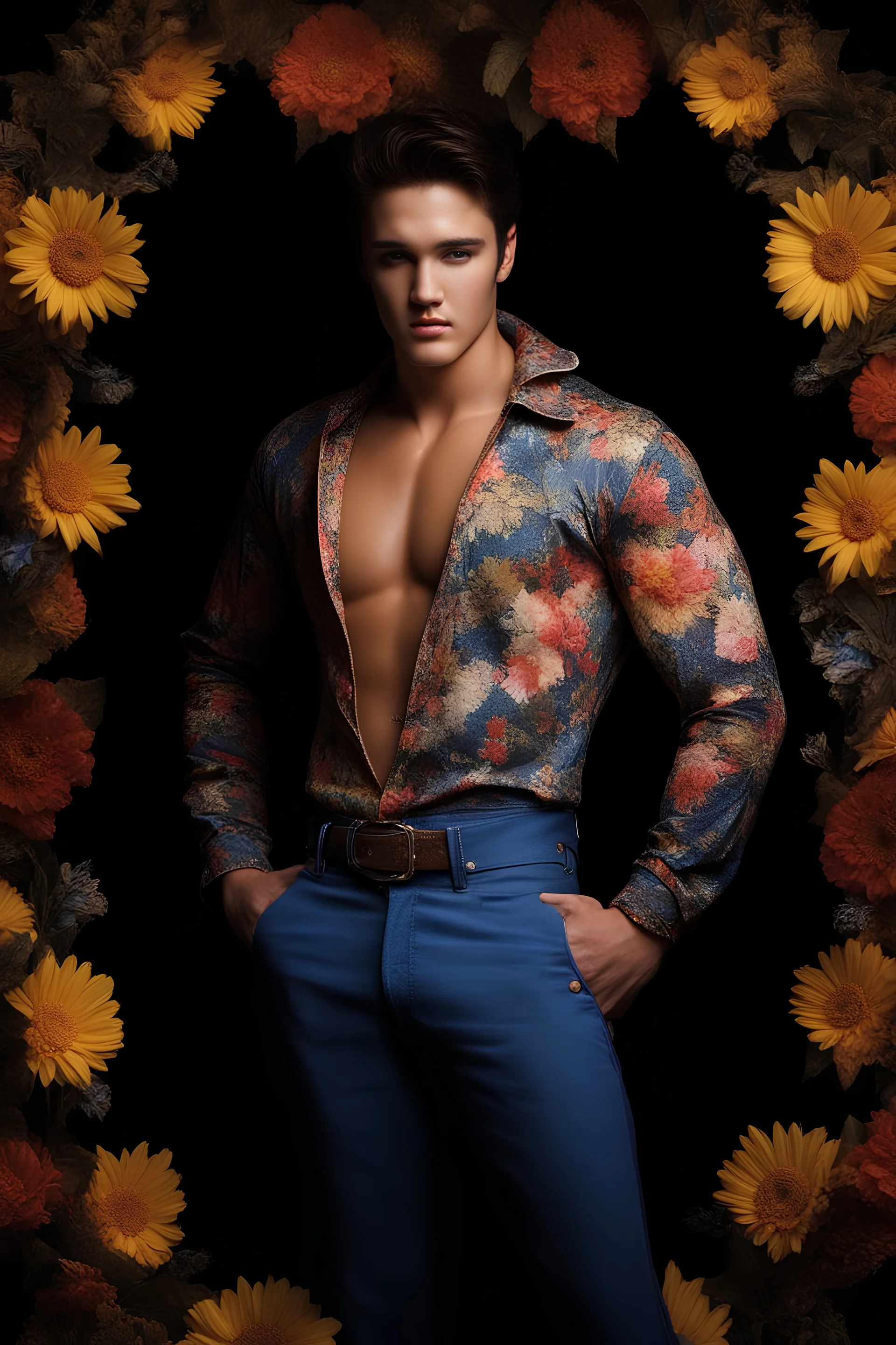 18-year-old Elvis Presley, full body portrait, 6'5". 220lbs, extremely muscular,18-year-old Elvis Presley has great big giant muscles, blue eyes, skintight, formfitting high-collared jumpsuit with floral designs, smirking, pitch black background, multicolored spotlight, Photorealistic, realistic stock photo, Professional quality Photograph. Fog, Clouds, mist.