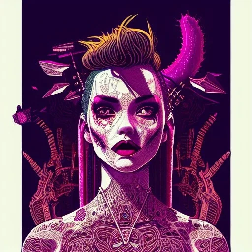 beautiful punk girl, leaning pose, smiling, hyper detailed, hyperdetailed, intricately detailed, illustration by <kilian eng>, purple tones, darkred tones,