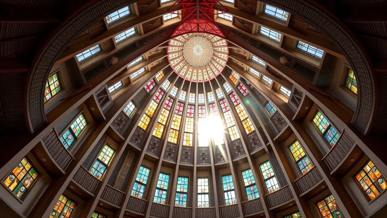 Interior of circular cathedral, cylindrical building, modern experimental style, uplifting, symmetrical, beautiful, inspiring, coloured, exposed stainless steel structure, large beautiful stained-glass windows, volumetric lighting, sunlight through windows, perfect structure, perfect roof, symmetrical, 28mm lens