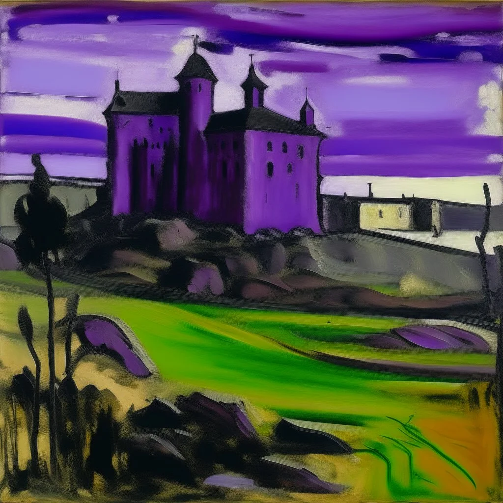 A purple poisonous castle in a wasteland painted by Edvard Munch