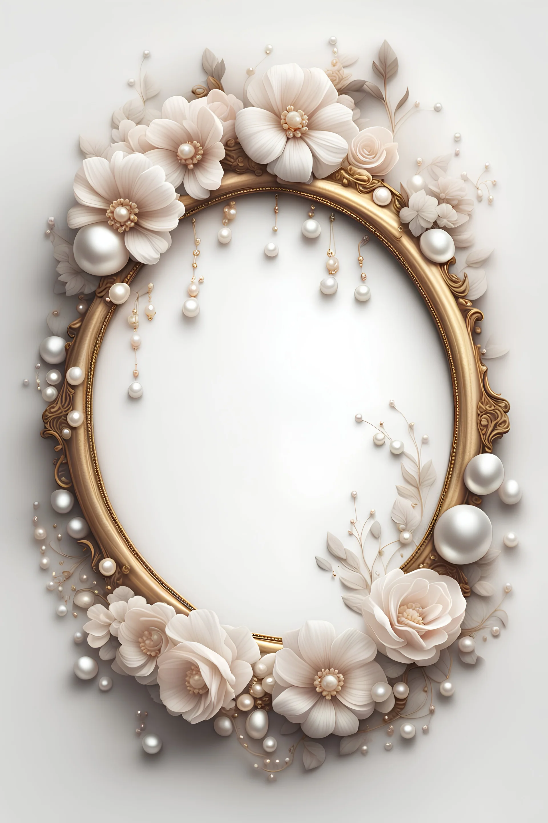 round vintage frame with flowers and pearls, white precious stones on a white background, Trending on Artstation, {creative commons}, fanart, AIart, {Woolitize}, by Charlie Bowater, Illustration, Color Grading, Filmic, Nikon D750, Brenizer Method, Side-View, Perspective, Depth of Field, Field of View, F/2.8, Lens Flare, Tonal Colors, 8K, Full-HD, ProPhoto RGB, Perfectionism, Rim Lighting, Natural Lighting, Soft Lighting, Accent Lighting, Diffraction Grading, With Imperfections,