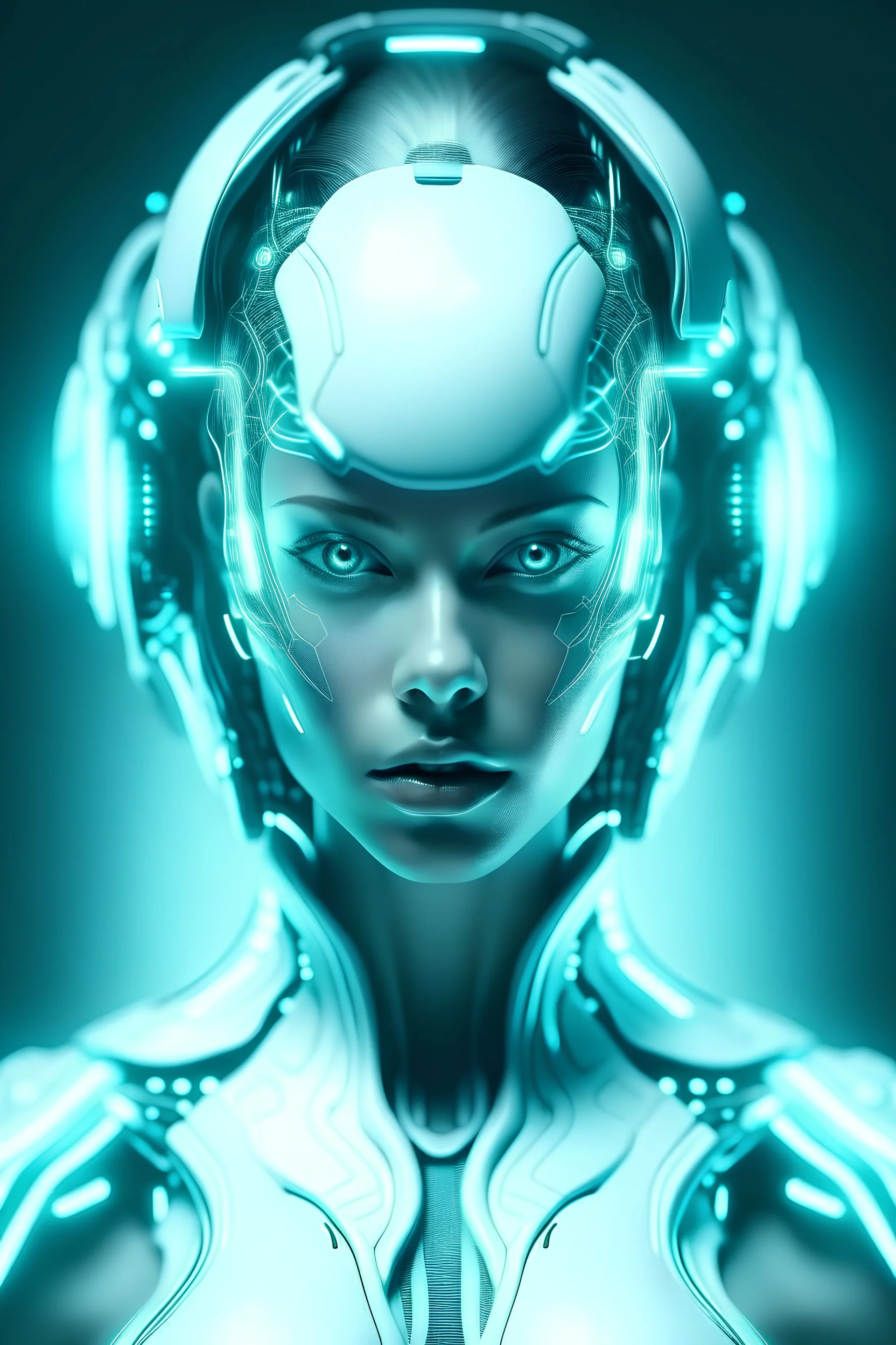 portrait of futuristic bionic kyborg woman, front view, symetrical photo, luminescent synthesis, biopunk, sci-fi, intricate details, light abstract blur background, white, cyan reflections, --ar 3:4 --style raw --stylize 350 --v 6