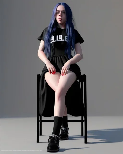 Billie Eilish, sitting on a chair, Black Short Dress, high detail, realistic