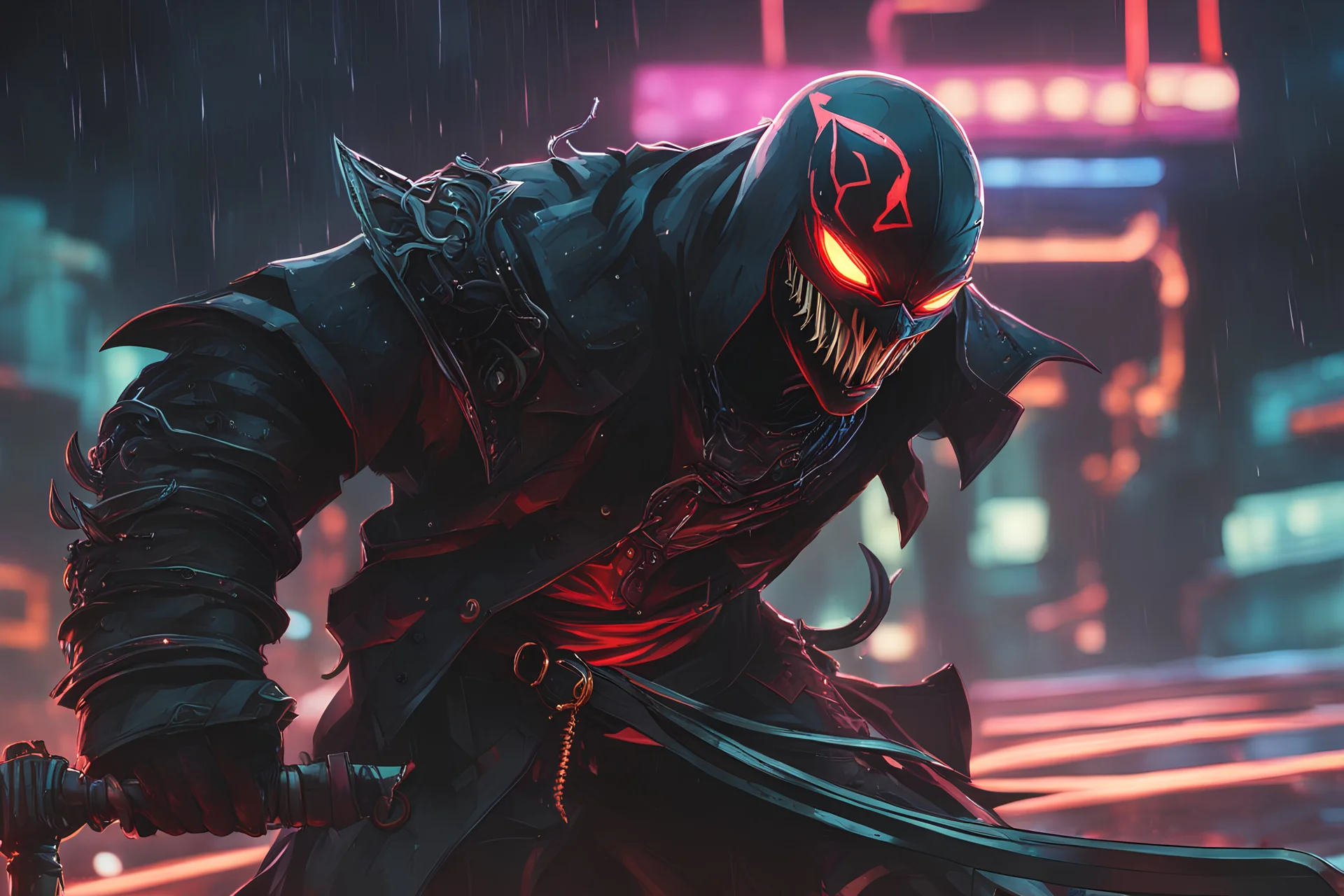 Pyke venom in 8k solo leveling shadow artstyle, pirate them, mask, close picture, rain, neon lights, intricate details, highly detailed, high details, detailed portrait, masterpiece,ultra detailed, ultra quality