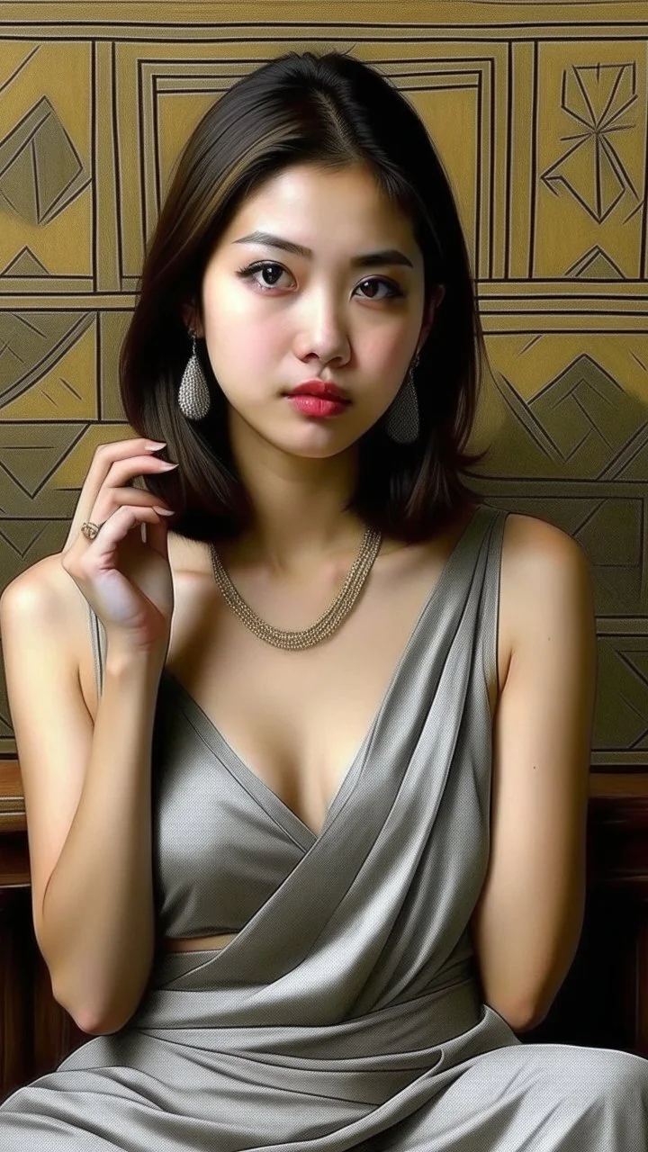 (((Nang Kwak))) is a Thai woman, beautiful face, wearing a loincloth. wear jewelry Hair styled in the traditional Dok Krathum style, sitting with a squat fold, left hand resting on the lap. There is a bag of money on the hand. Right hand raised in a calling gesture. Oil painting, realistic, wide angle,thai spirit