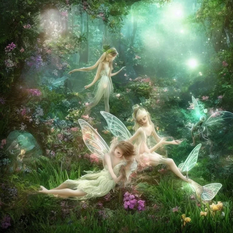 subtle and luminous fairies in magical environnement