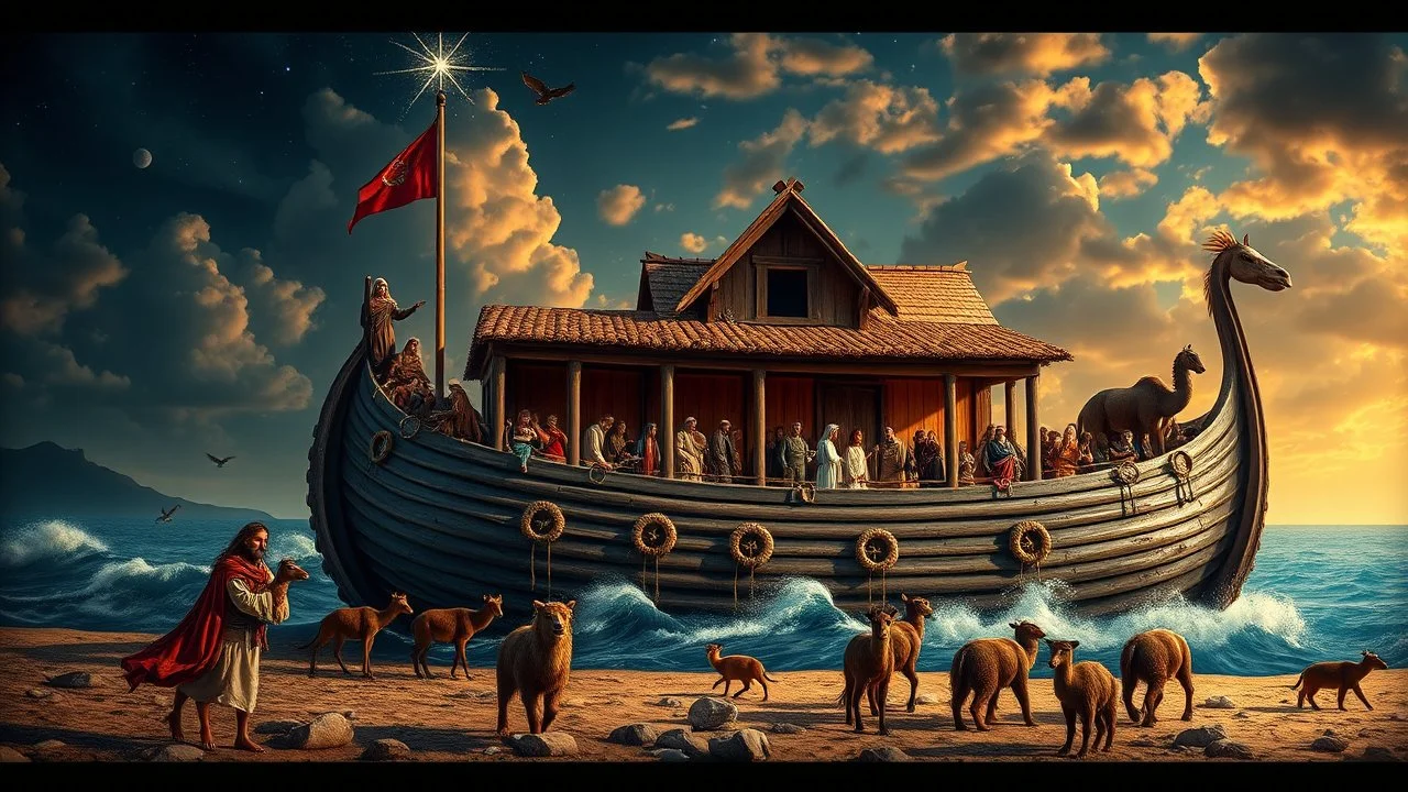 Noah's ark, Biblical story, award-winning colour photograph, beautiful composition, exquisite detail, Nikon 85mm