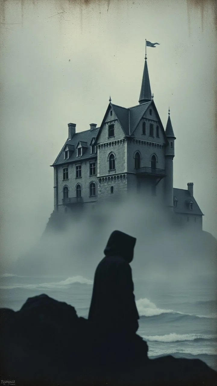 A building castle by the ocean all gray, a shadow of a two creatures with hood looking at the house , foggy, blurry , dark and , like horror movie ,mysterious,painted antique canvas of a Risograph Art of a Art ,into the moody backdrop creates an atmosphere of enchantment and mystery high resolution fine detailed textures fine colors scratches, tears, burn marks, cracks in the paint in the mix style of Joan Miro Gabriel Pacheco, antique extreme canvas textured, blurry old style