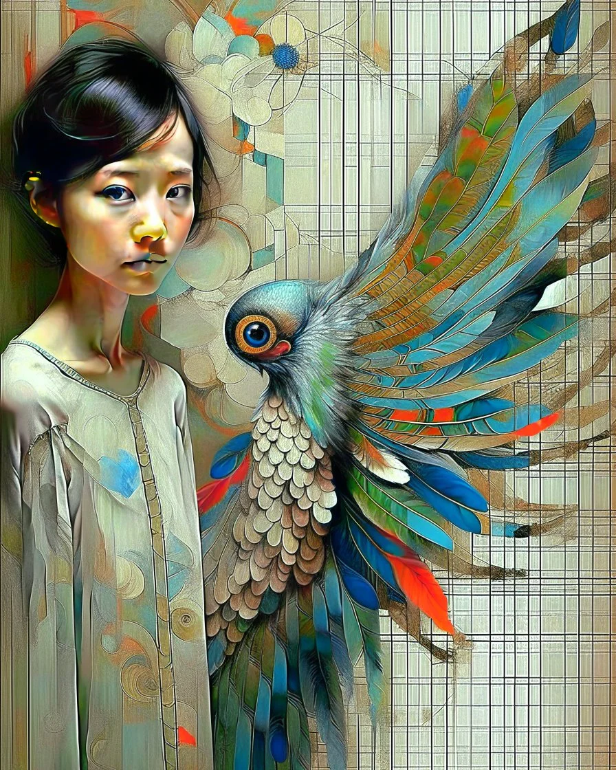 Minimalist abstract artwork in mixed media, depicting a woman with wings like a peacock's fanned plume, radiating as a colorful aura. Contemporary, minimalistic, and surreal, conveying enlightenment, discovery, and exhilaration. Influenced by Jacek Yerka and Richard Burlet, with subtle textures and a sophisticated palette of muted neutrals, deep blues, and striking red accents. Visionary and esoteric, with an emotional, mystical quality.