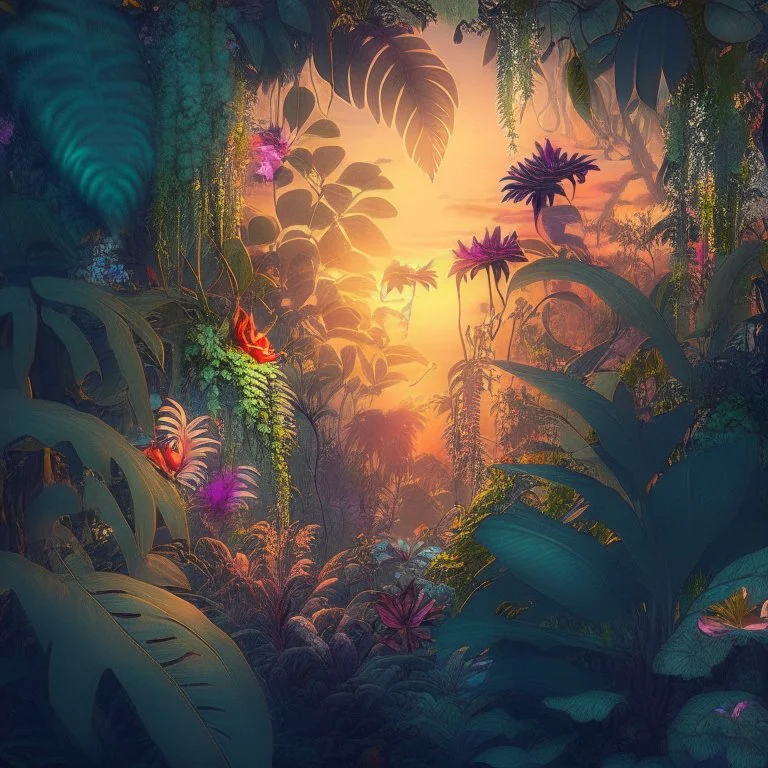 dense fantasy jungle with vines and exotic flowers at sunset