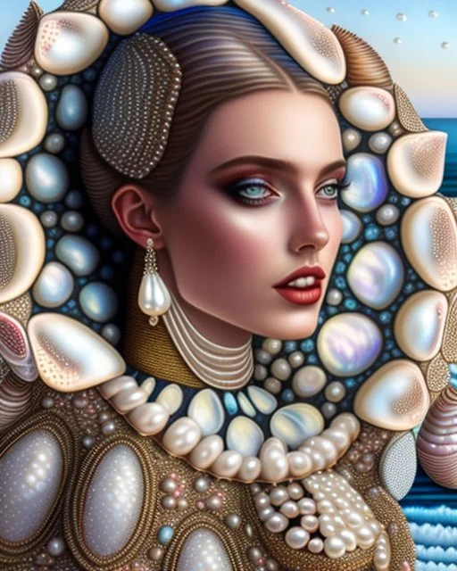 Create a fantastical image of a young beautyful woman in an elaborate dress resembling the interior of a pearl oyster, specifically a Pinctada, with rocks on the seashore in the background. An oil painting in the style of ultrarealism. The collar of the dress, like a hood, encloses the large, open jaw structures of the shell and the deep pearly interior, mimicking this bivalve. The person is also decorated with detailed patterns and textures that give the appearance of an aquatic creature, enhan