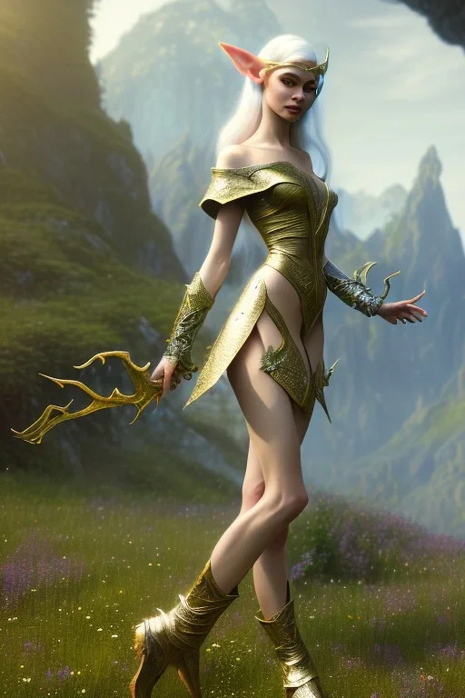 elven young woman, wearing light dress, happy expression, visible ultradetailed cute femine face armonious legs feet hands and pointy ears, luminous weather, field in the mountains, ultra realistic, concept art, intricate details, highly detailed, photorealistic, octane render, 8 k, unreal engine, art by artgerm and greg rutkowski and charlie bowater and magali villeneuve and alphonse mucha