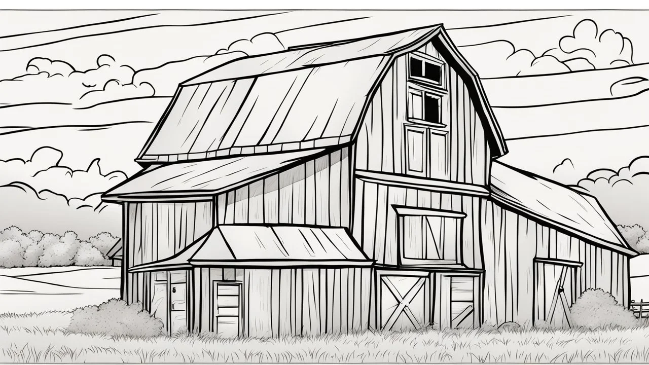 coloring page, old barn, cartoon style, thick lines, low detail, no shading