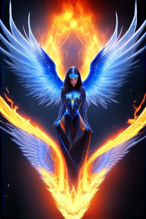 alone, dark, blue phoenix, flaming wings, beautiful, smooth, flying, graceful