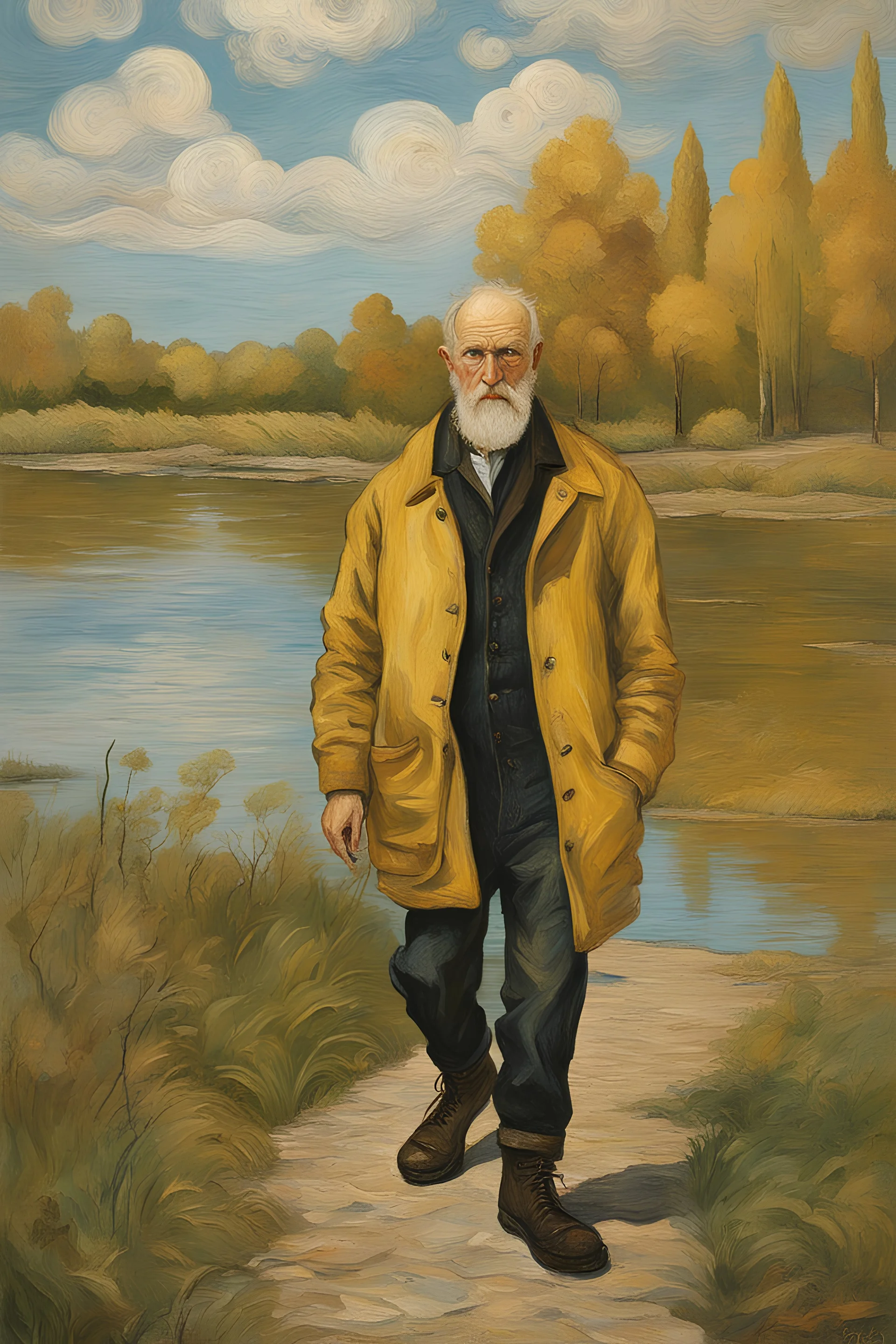 an old man in a bomber jacket black pants and lace up boots walks along the edge of a lake in the style of Vincent Van Gogh