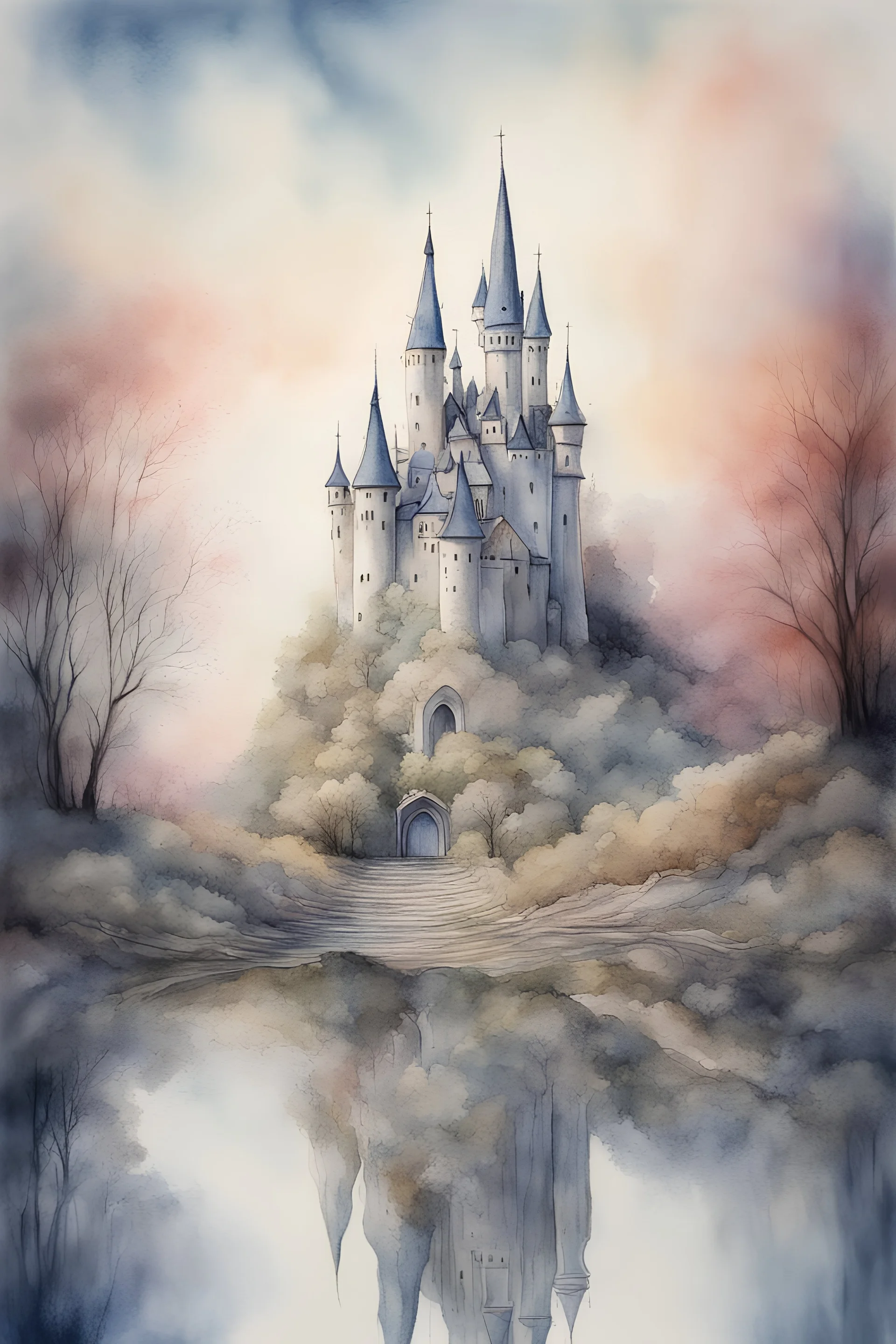 The place where the Dream and its followers live. A reflection of the sky. Watercolour, fine drawing, beautiful landscape with fairy castle, lots of details, delicate sensuality, realistic, high quality, work of art, hyperdetalization, professional, filigree, hazy haze, hyperrealism, professional, transparent, delicate pastel tones, back lighting, contrast, fantastic, nature+space, Milky Way, fabulous, unreal, translucent, glowing,