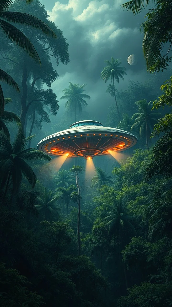 A UFO spacecraft crashed on the trees in the Amazon rainforest , covered with green bushes, Busch painting style nightmare