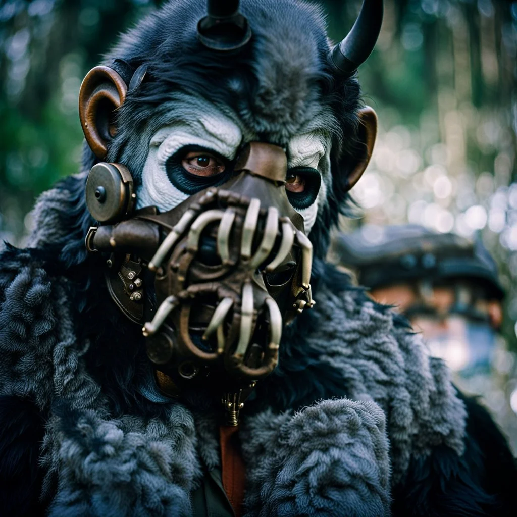 Close up of a Yeti wearing Bane mask, August 1985, Yeti, Dystopian, Japanese, Extreme depth of field, bokeh blur, Alberta, all-natural, in the style of candid, imperfection, natural lighting, Professional shot, shot on Agfa, Fuji Film, Anamorphic lens --ar 4:5 --w 150 --style raw