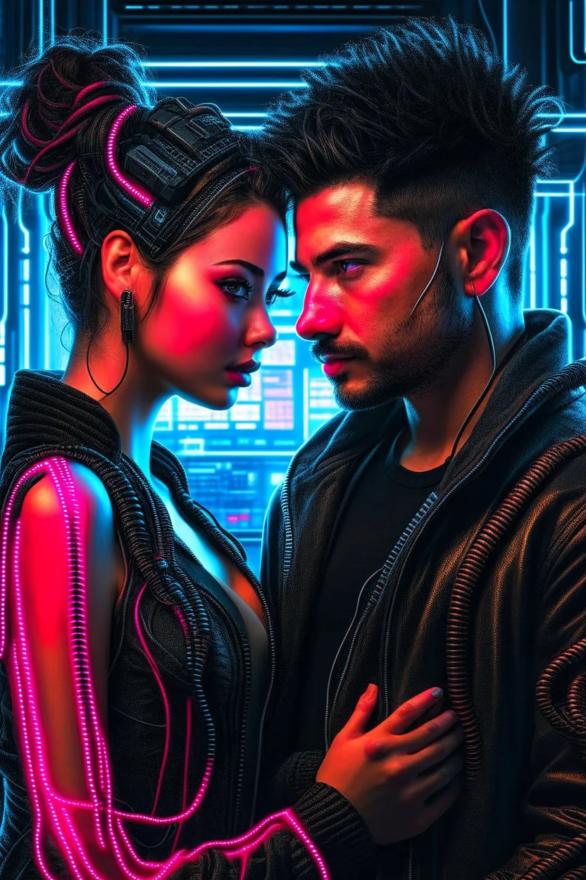 a handsome cyberpunk man connected by wires with a beautiful cyberpunk woman