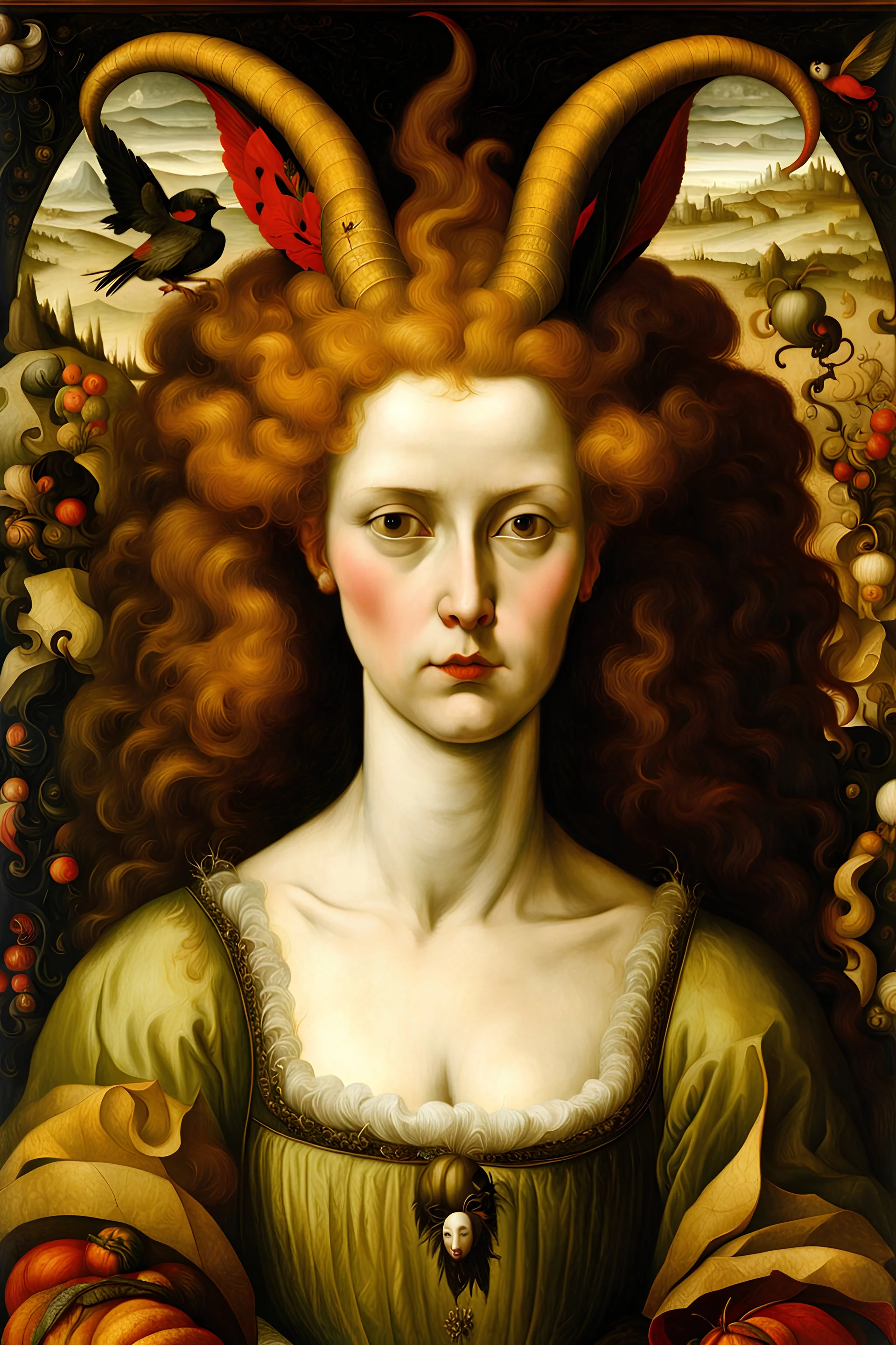 a Flemish Renaissance era oil painting of the otherworldly, demonic Lilith , highly detailed hair and facial features, in the style of Pieter Brueghel, Jan van Eyck, and Hieronymus Bosch, aged canvas, antique craquelure finish, archaic museum quality masterpiece, 4k