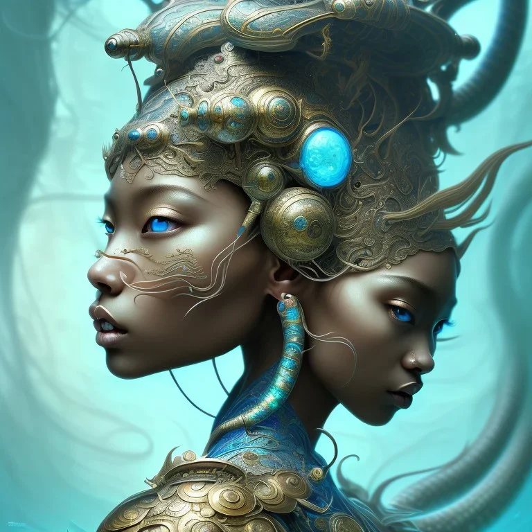 Sango fantasy, fantasy magic, intricate, sharp focus, illustration, highly detailed, digital painting, concept art, matte, art germ and Paul Lewin and Kehinde Wiley, masterpiece Japanese dancer head bronze squid' Asian African girl nice breast Thai hair turquoise silver blue under water